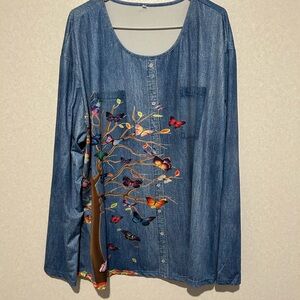 Women’s Plus Size Long Sleeve T Shirt, Denim And Butterfly Design, Size 5XL